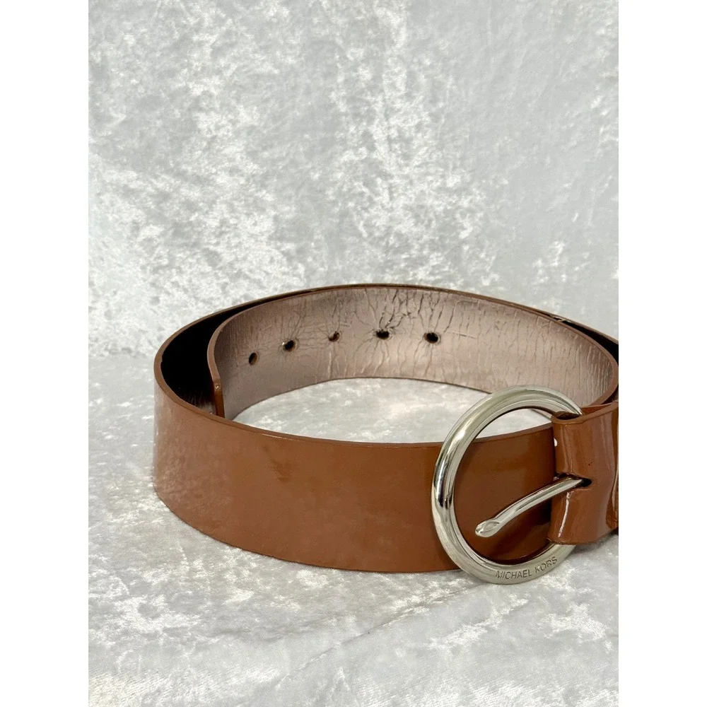 Michael Kors Womens Lug Brown Patent Leather Wide Belt Silver Buckle Med NWT